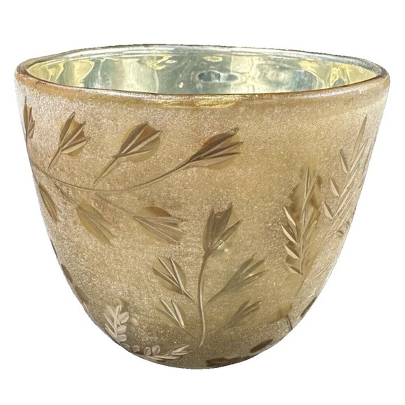 Anthropologie 4.5 Inch Round Glass Gold Leaf Pattern Candle Holder - Picture 1 of 7